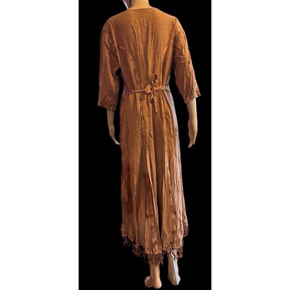 VTG Embroidered Maxi Dress  Free Size Button Front Rayon Tie Fringe Boho Cottage - Picture 8 of 13